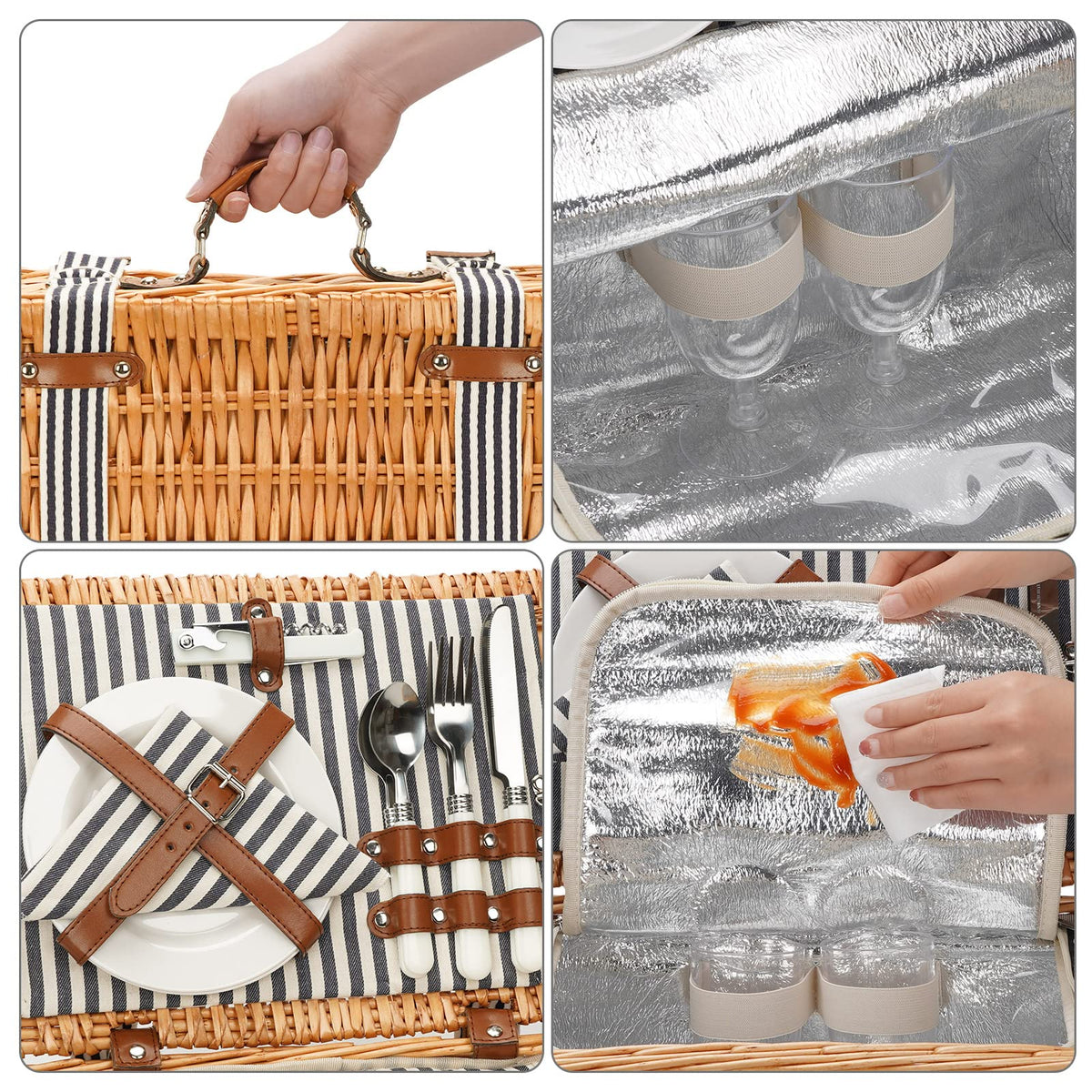 Wickeland wine glasses and napkins for two at perfect picnic setup.