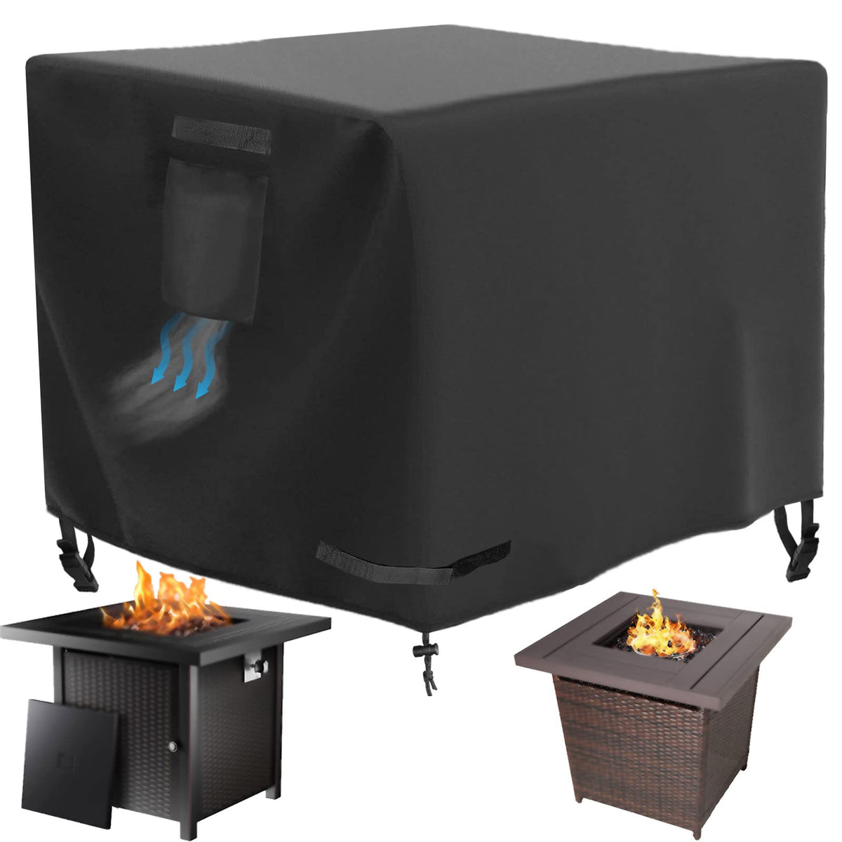 WICKTICK square fire pit cover front view protects a 32x32 inch pit from rain.