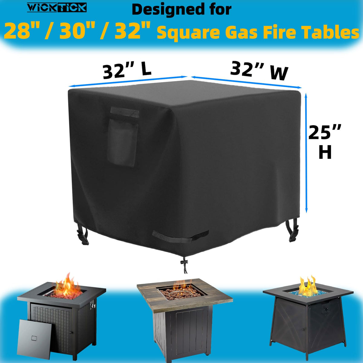 WICKTICK square fire pit cover waterproof lining detail shields interior from moisture.