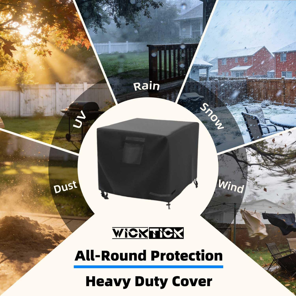 WICKTICK square fire pit cover storage bag keeps it compact when not in use.