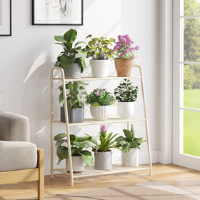 Wieghda metal flower pot rack demonstrates durable indoor-outdoor storage.
