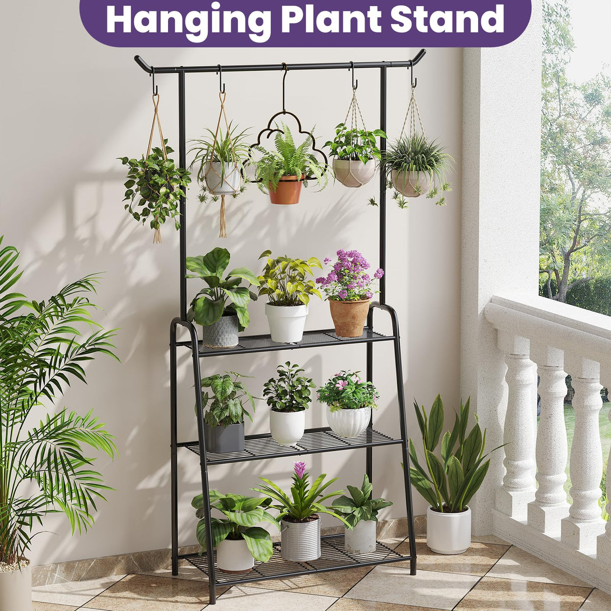 Wieghda tall corner shelf showcases multiple plants at varying heights