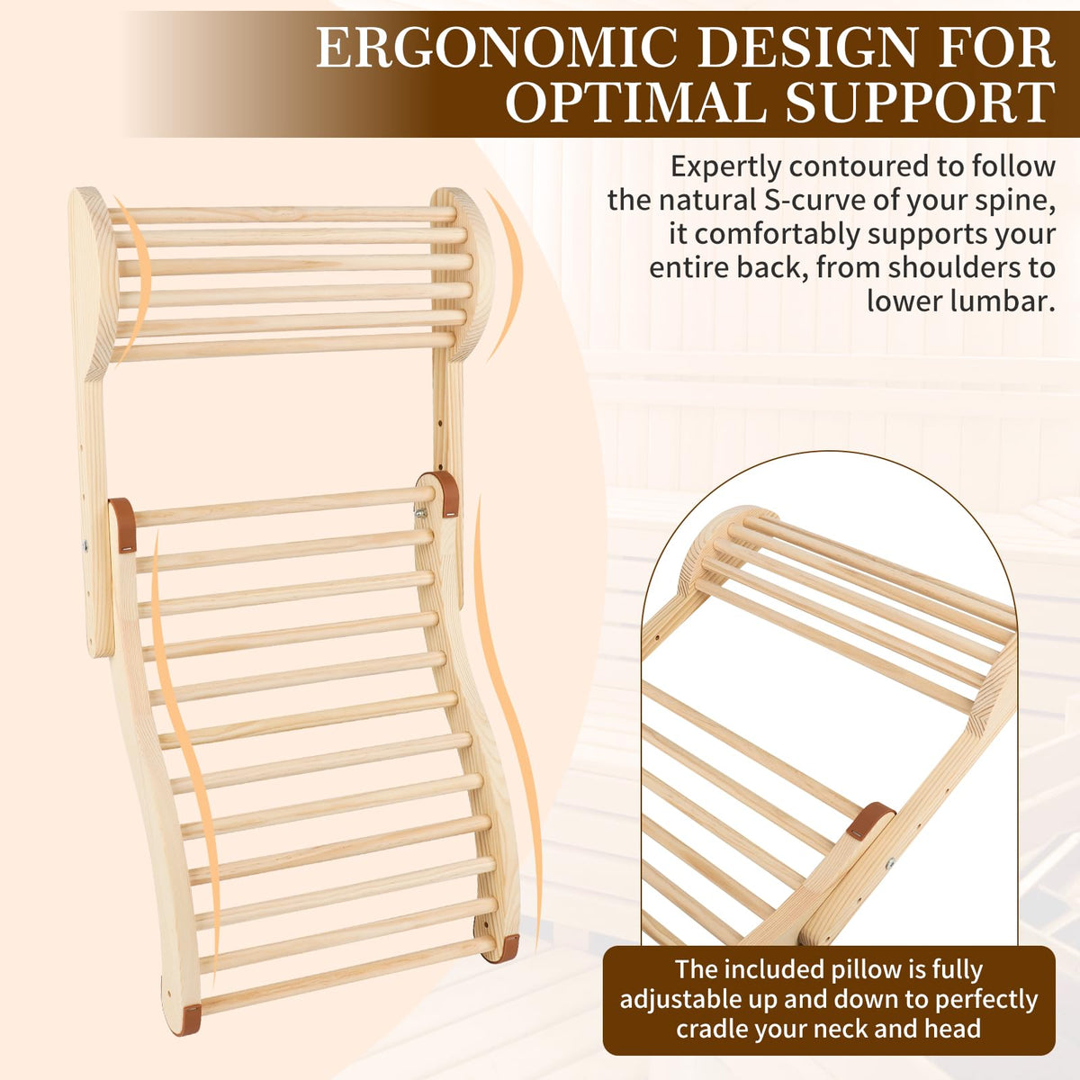 Wiiyita backrest in natural pine wood showing grain and skin-friendly surface