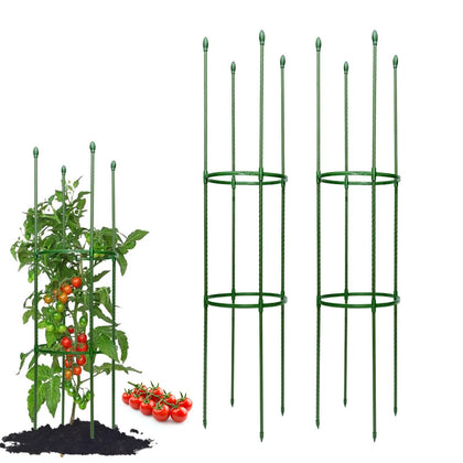 Wikdey tomato cages with a 50-inch trellis provide sturdy garden support for tomatoes and cucumbers.