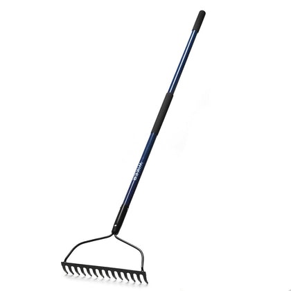 WIKER 14-tine rake with 57-inch metal body for durable lawn and soil leveling.
