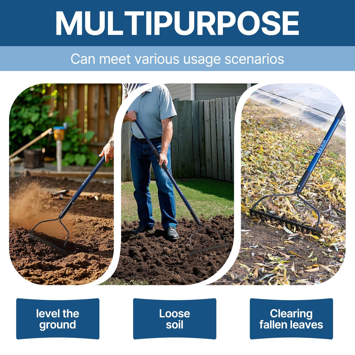 WIKER fiberglass-handle garden rake with ergonomic grip for comfortable extended use.