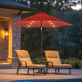 Wikiwiki 7.5ft solar LED patio umbrella provides shaded comfort for deck, pool, or garden.
