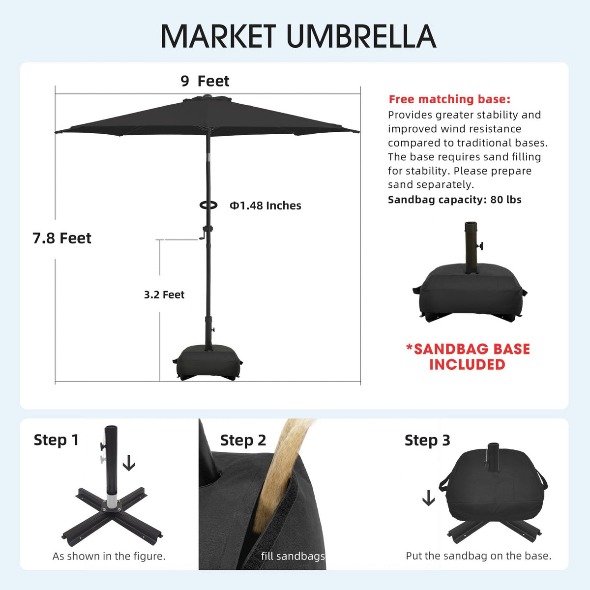 Wikiwiki 9ft umbrella with crank tilt enables quick sun angle adjustments.