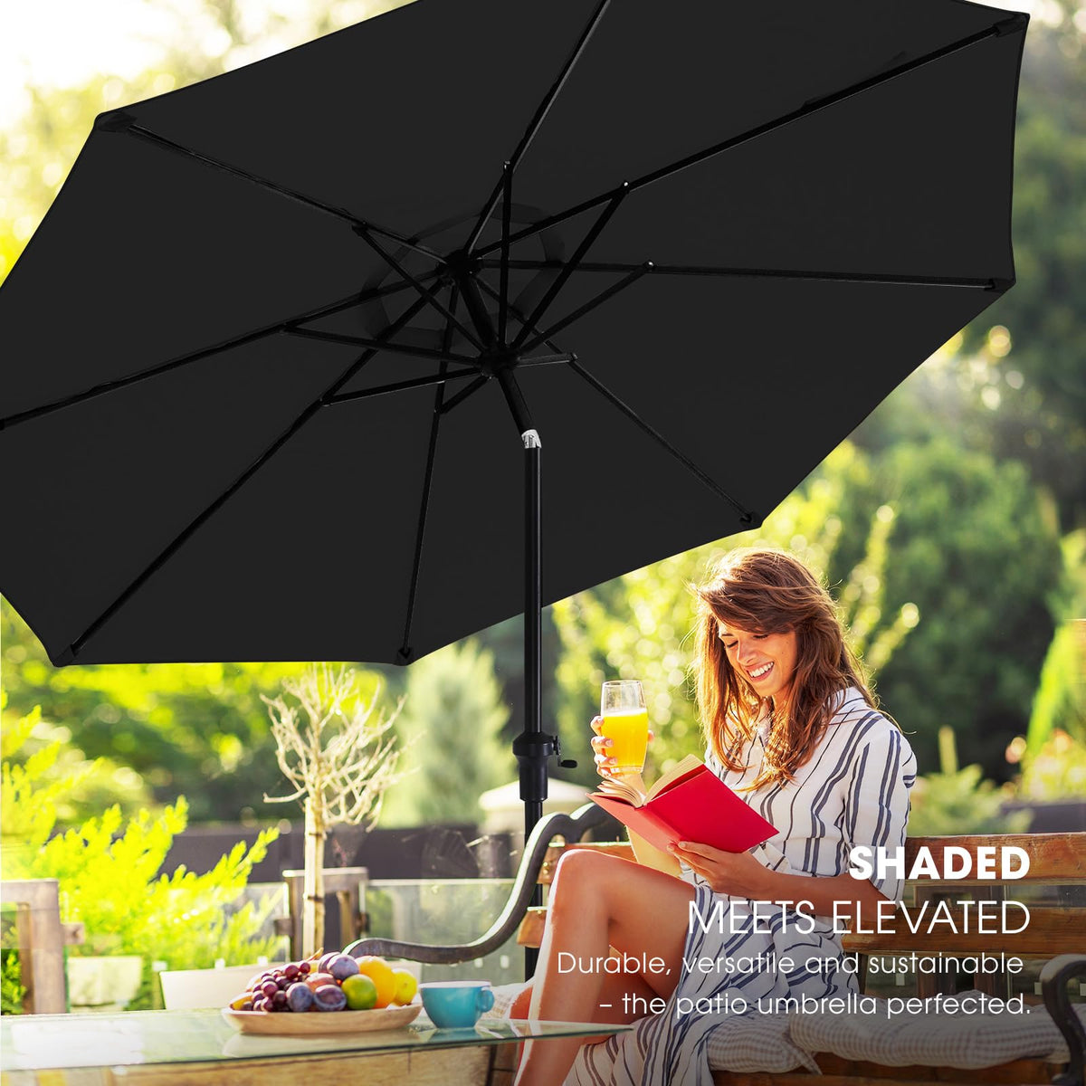 Wikiwiki patio umbrella shown on a deck offers shade for gatherings.