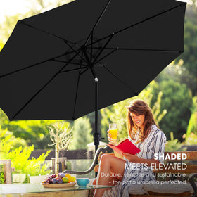 Wikiwiki patio umbrella shown on a deck offers shade for gatherings.