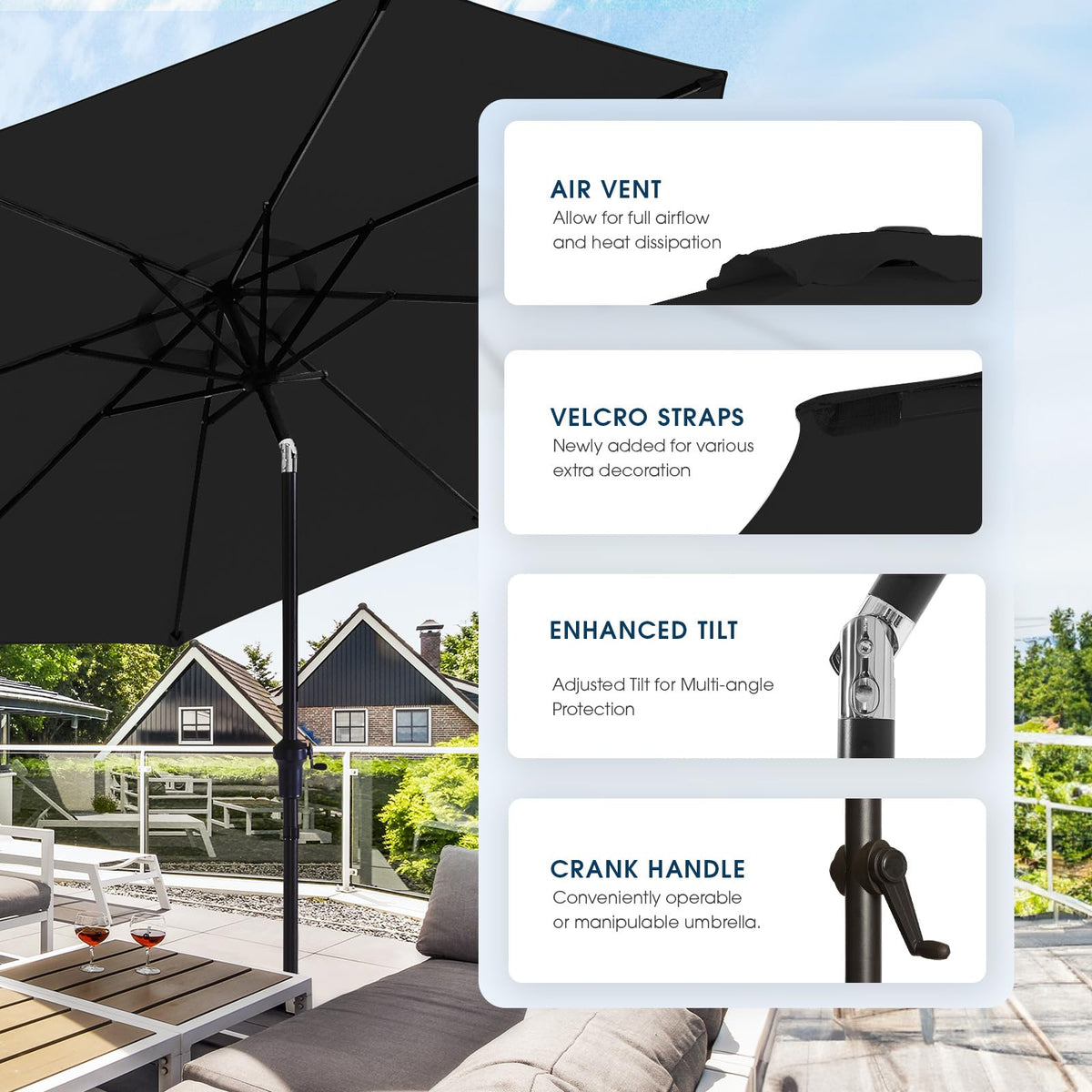 Wikiwiki 9ft umbrella fabric is UV resistant and colorfast for outdoor use.