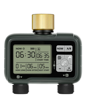 WILAWELS 2-zone timer with dual outlets for targeted watering.