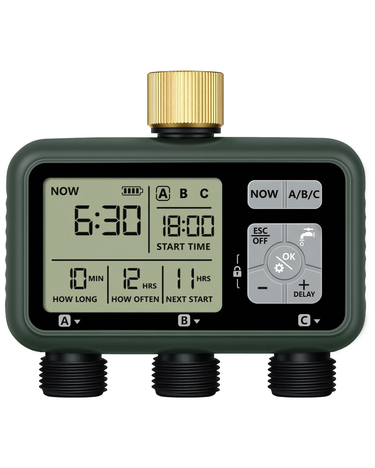 WILAWELS 3 Zone Brass Sprinkler Timer front view, showcasing build quality and control layout