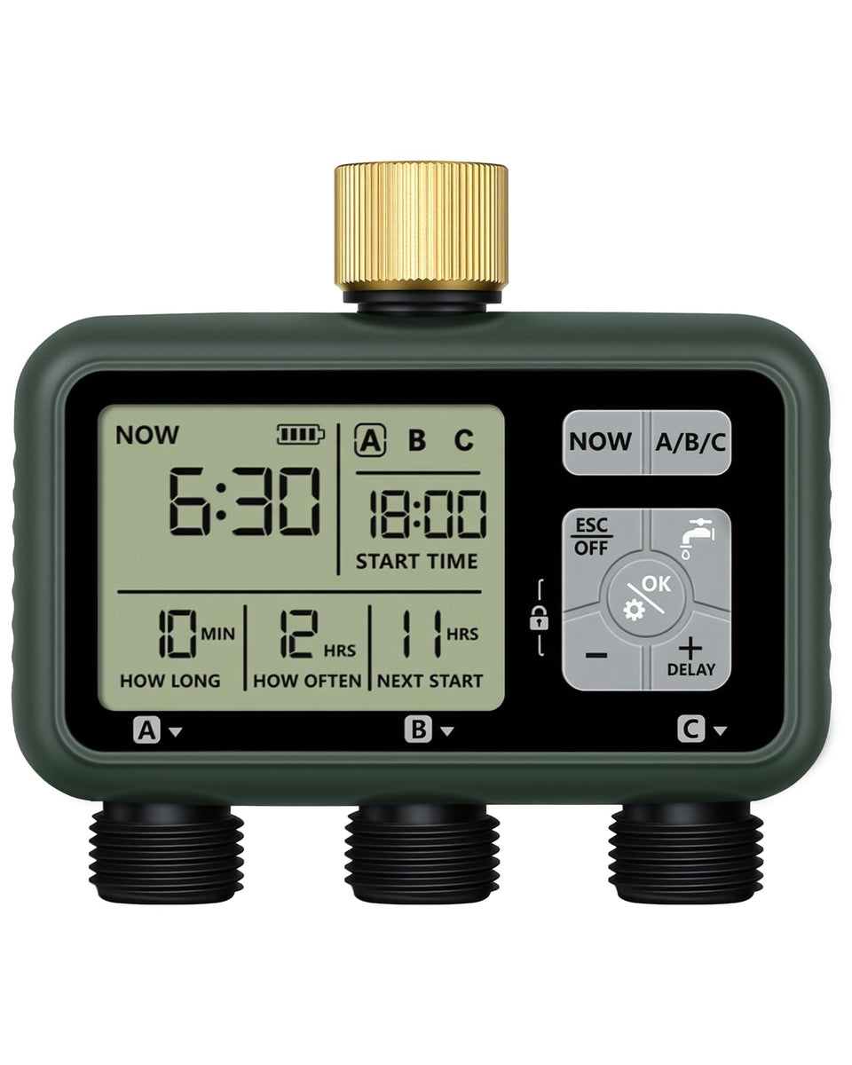WILAWELS 3 Zone Brass Sprinkler Timer front view, showcasing build quality and control layout