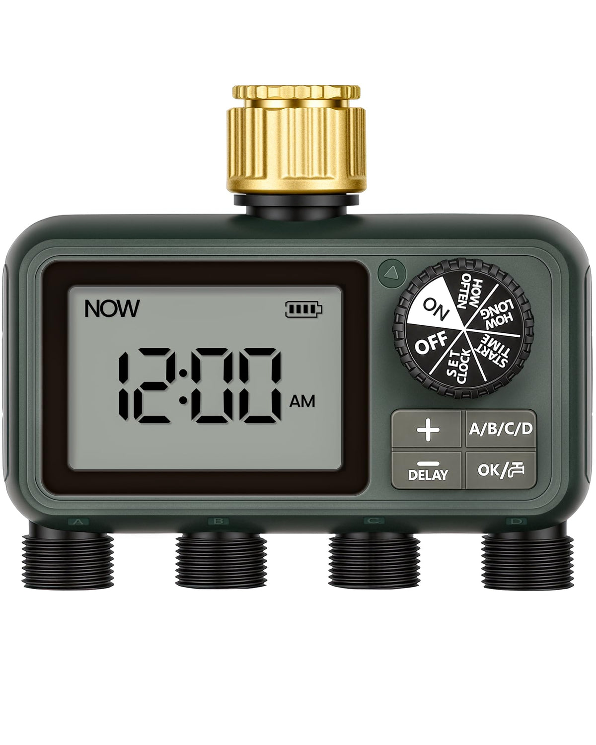 WILAWELS Brass Sprinkler Timer with four outlets enabling separate zone irrigation.