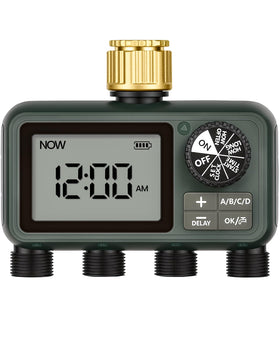 WILAWELS Brass Sprinkler Timer with four outlets enabling separate zone irrigation.