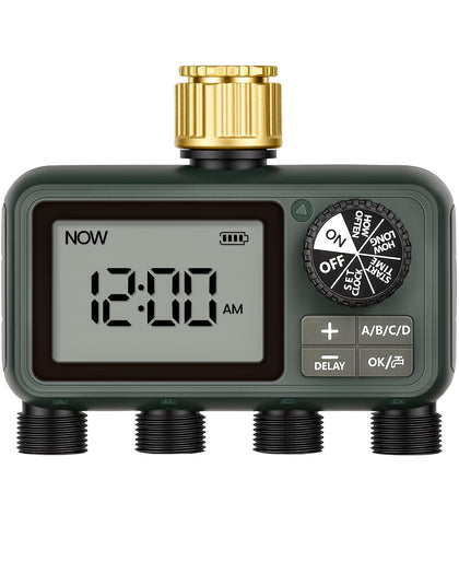 WILAWELS Brass Sprinkler Timer with four outlets enabling separate zone irrigation.