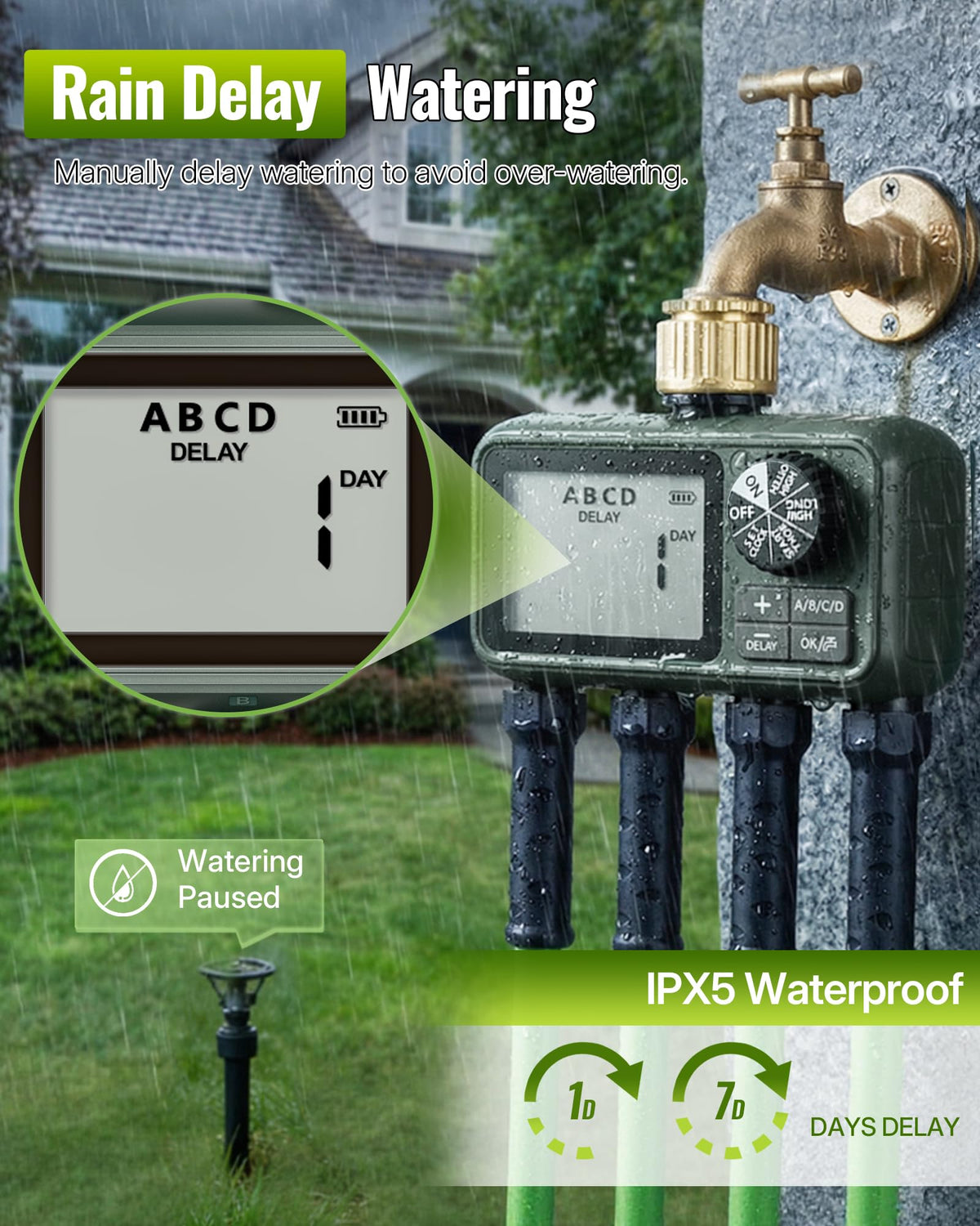 WILAWELS rain delay feature helps conserve water during rainy days.
