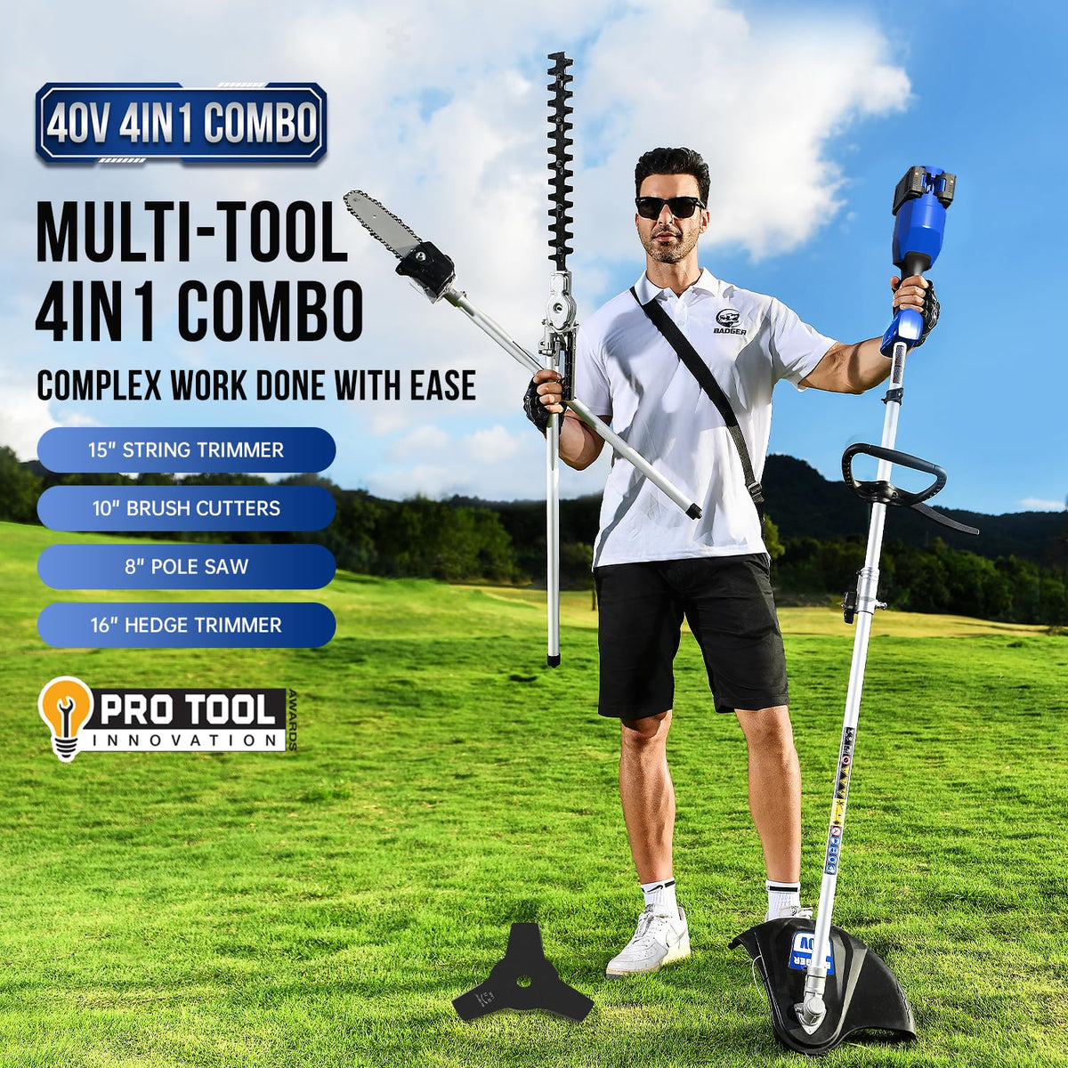 Wild Badger Power 4-in-1 attachments ready for quick yard tasks