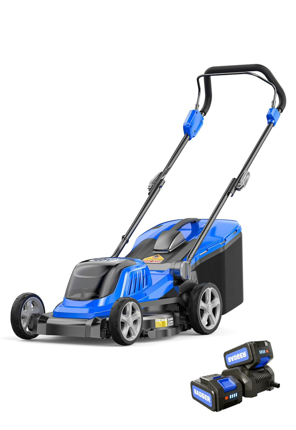 Wild Badger Power 40V 16in mower front view for easy maneuvering.