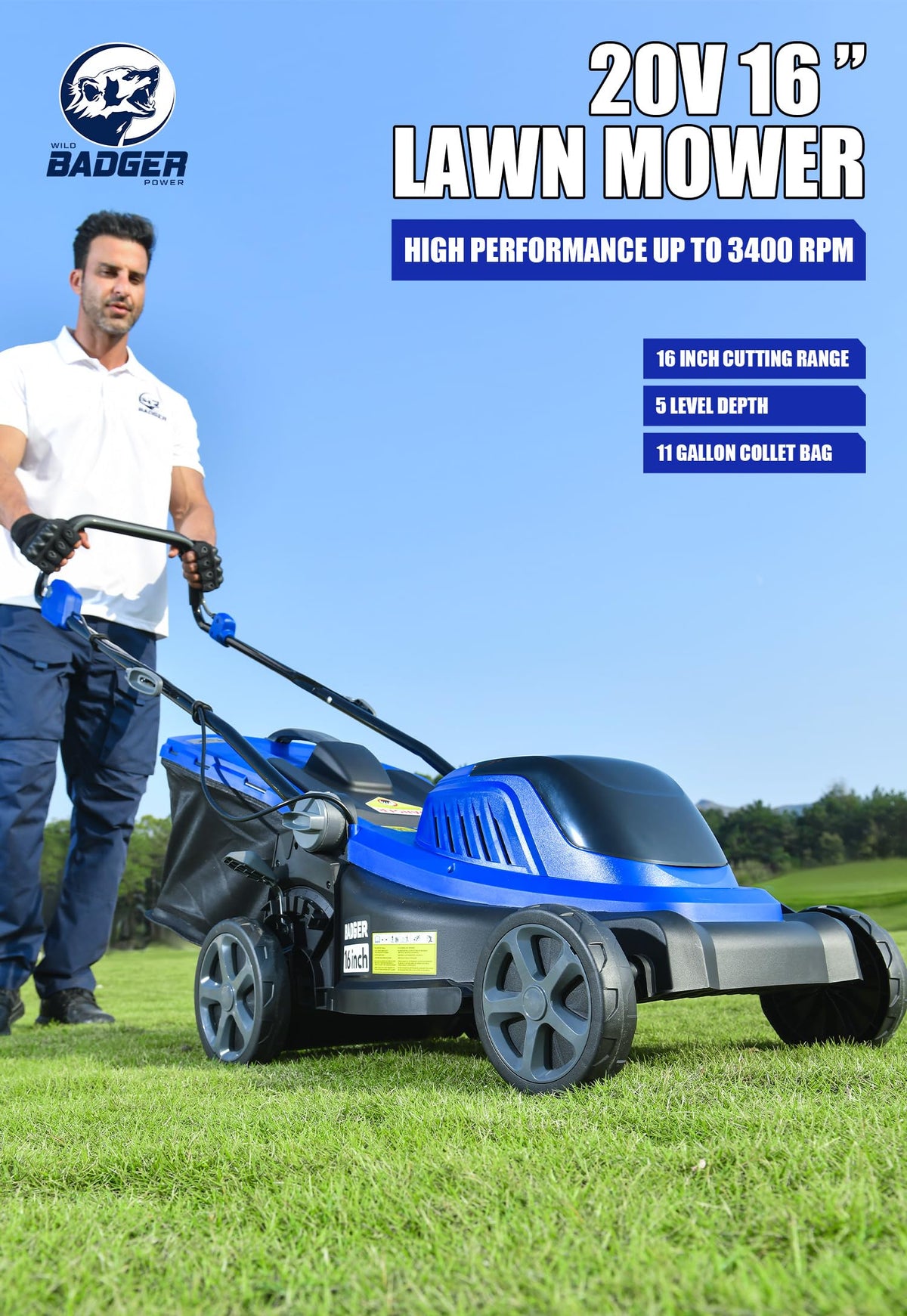 Wild Badger Power 40V 16in mower side view showing compact deck.