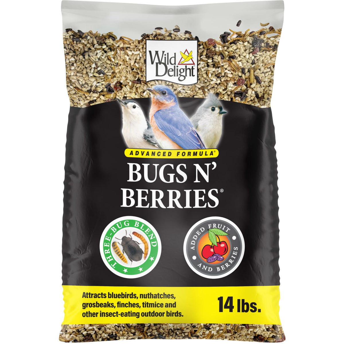 Wild Delight Advanced Formula Bugs N Berries bag ready for year-round backyard feeding.