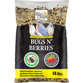 Wild Delight Advanced Formula Bugs N Berries bag ready for year-round backyard feeding.