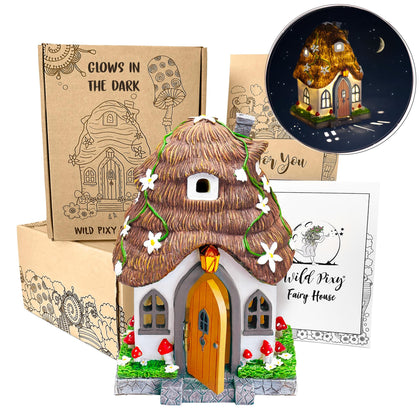WILD PIXY Fairy House front view glowing outdoors for magical garden decor