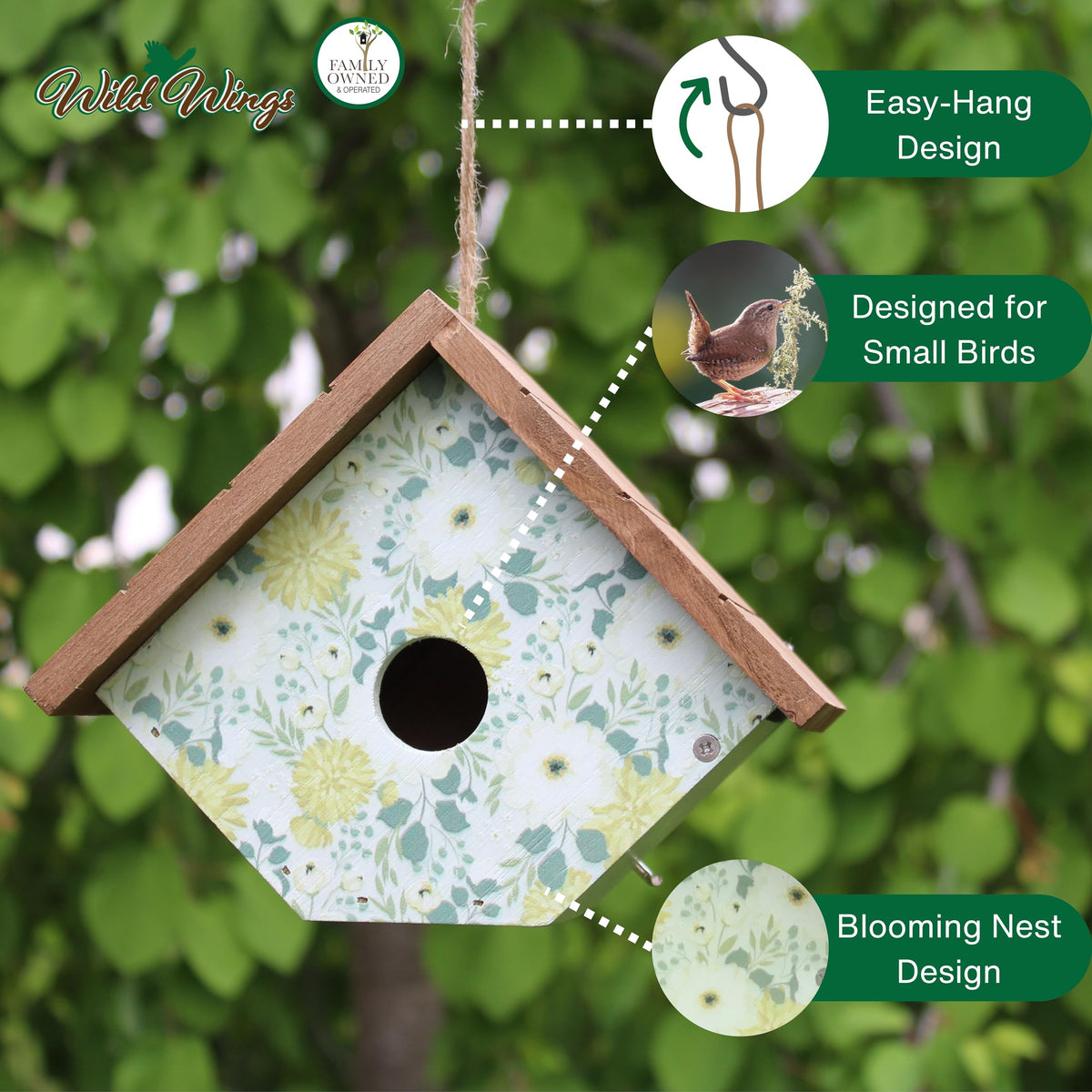 Wild Wings Blooming Nest Wren House green - easy hang loop for quick branch or hook mounting
