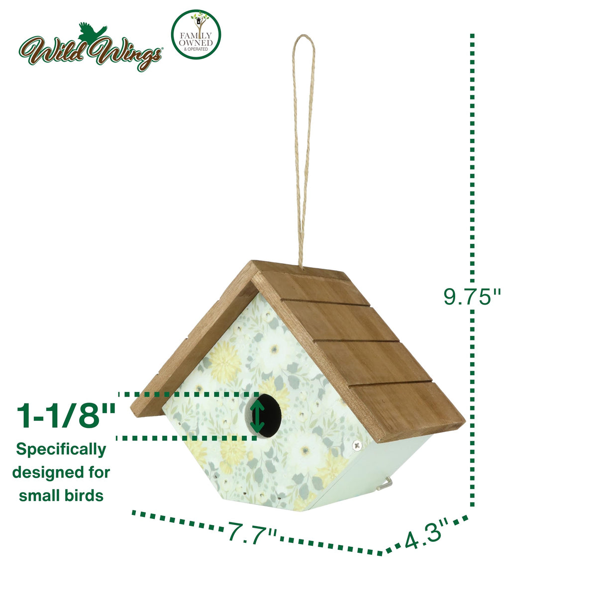 Wild Wings Blooming Nest Wren House green - hole detail showing 1 1/8 inch opening suited for small songbirds