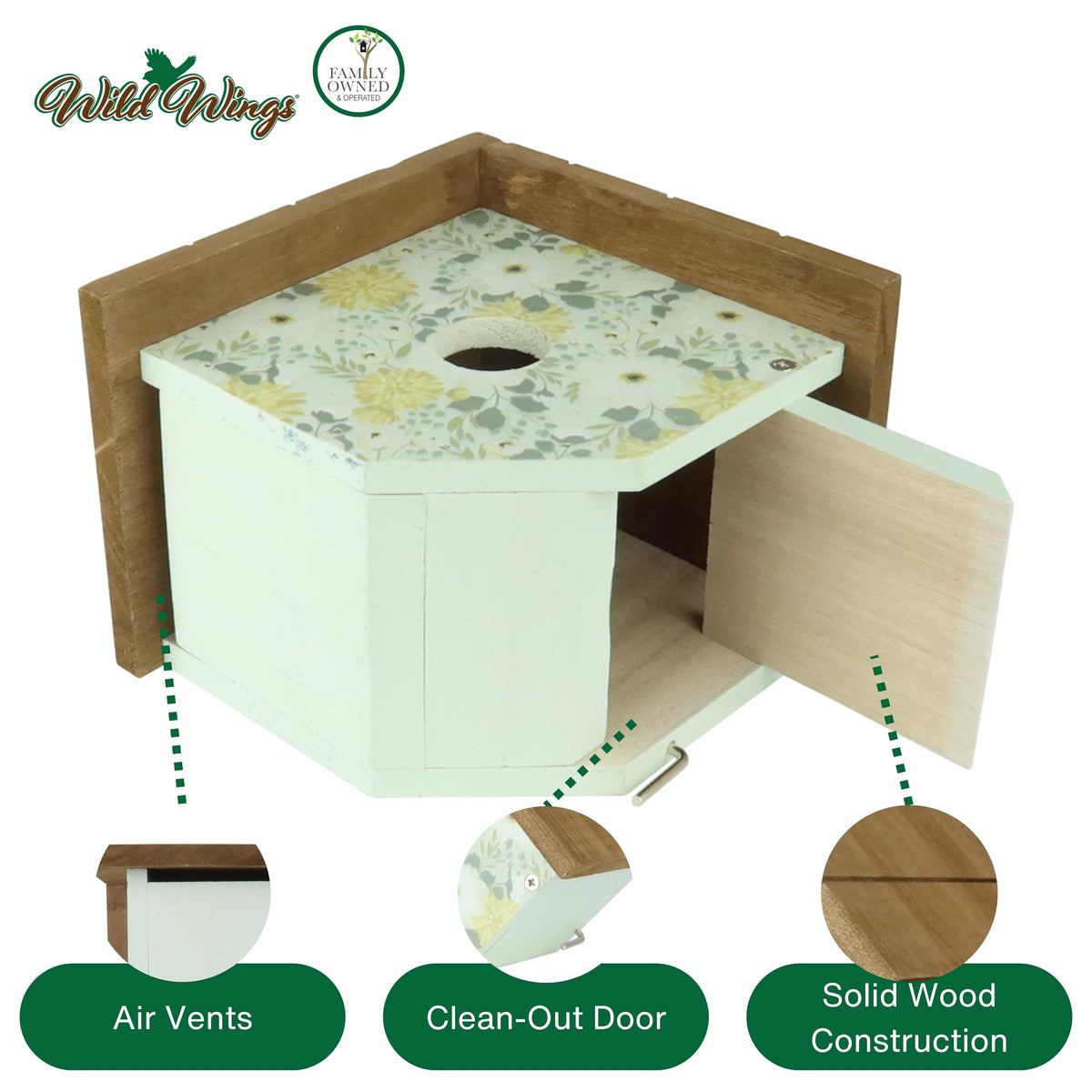 Wild Wings Blooming Nest Wren House green - ventilation detail promotes healthy air flow inside