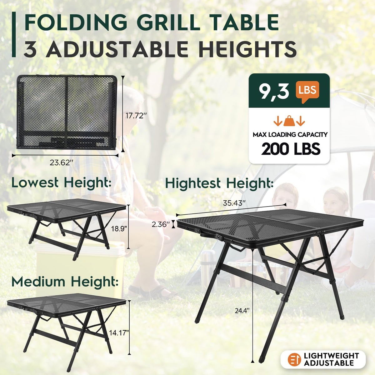 WildFinder folding grill table fully unfolded, ready for outdoor cooking and serving.