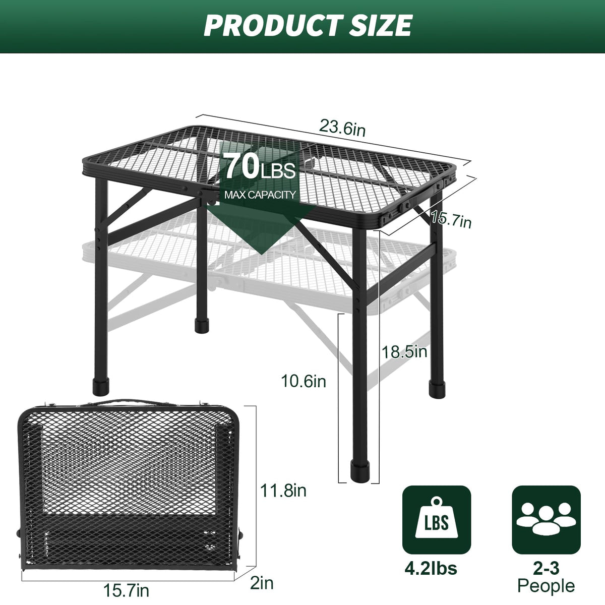 WildFinder folding table showing adjustable height feature for standing or seated use.