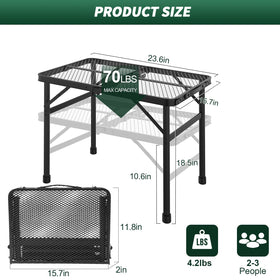 WildFinder folding table showing adjustable height feature for standing or seated use.