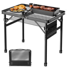 WildFinder folding table with mesh desktop for camping and picnic use.