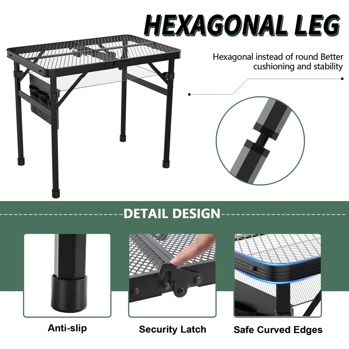 WildFinder folding table highlighting waterproof and fireproof design near grills and water.