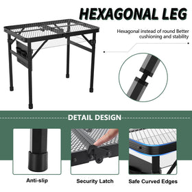 WildFinder folding table highlighting waterproof and fireproof design near grills and water.