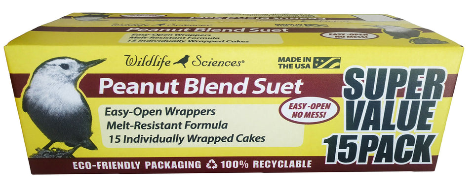 Wildlife Sciences Peanut Suet Cakes 15-pack front view for backyard bird feeding.