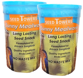 Wildlife Sciences Songbird Treats Seed Tower box shows the two pack and ready to use
