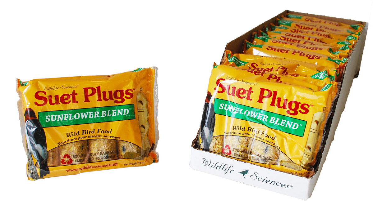 Wildlife Sciences suet plugs 48-pack packaging for easy, long-lasting feeding.