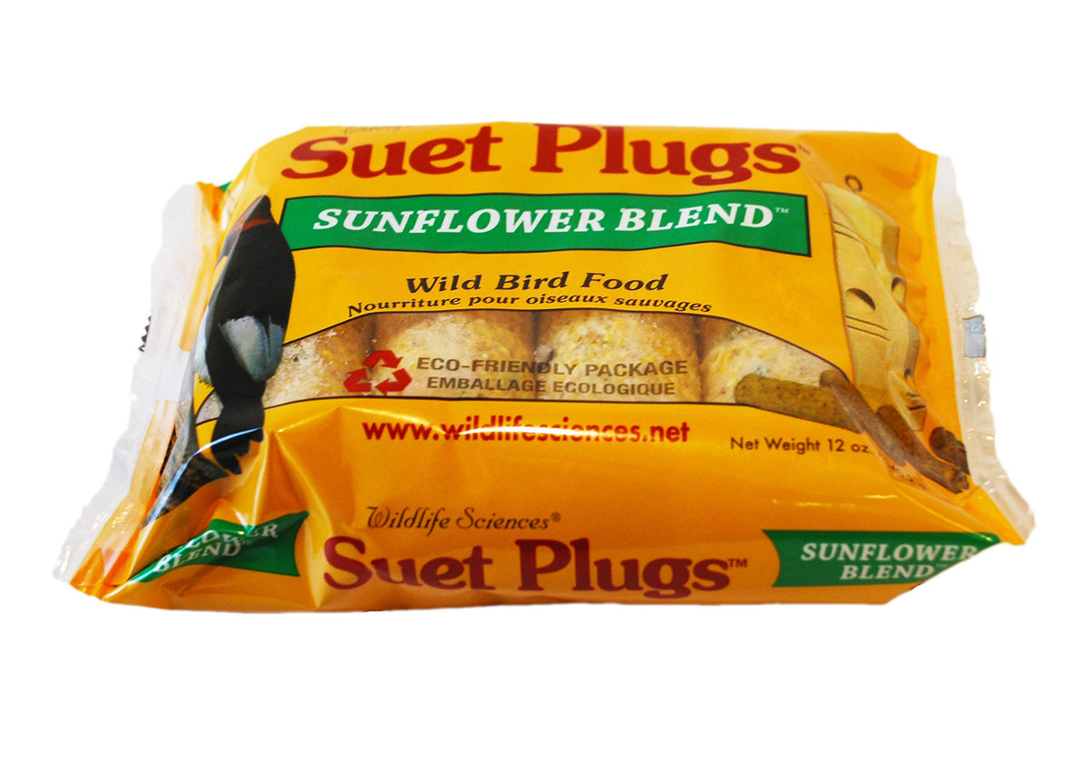 Wildlife Sciences Sunflower Blend suet plugs attract diverse backyard birds.