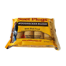 Wildlife Sciences Suet Plugs Woodpecker Blend packaging attracts backyard birds.