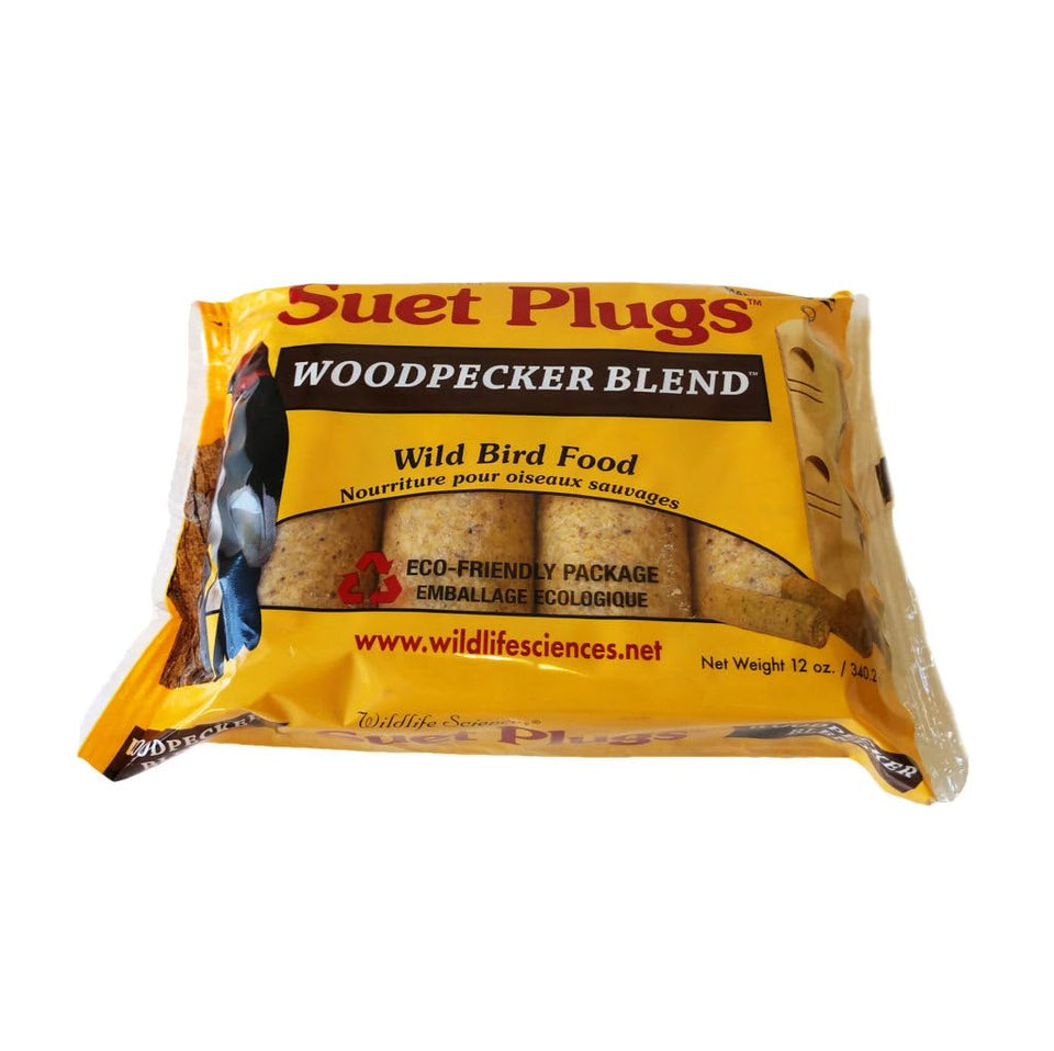 Wildlife Sciences Suet Plugs Woodpecker Blend packaging attracts backyard birds.