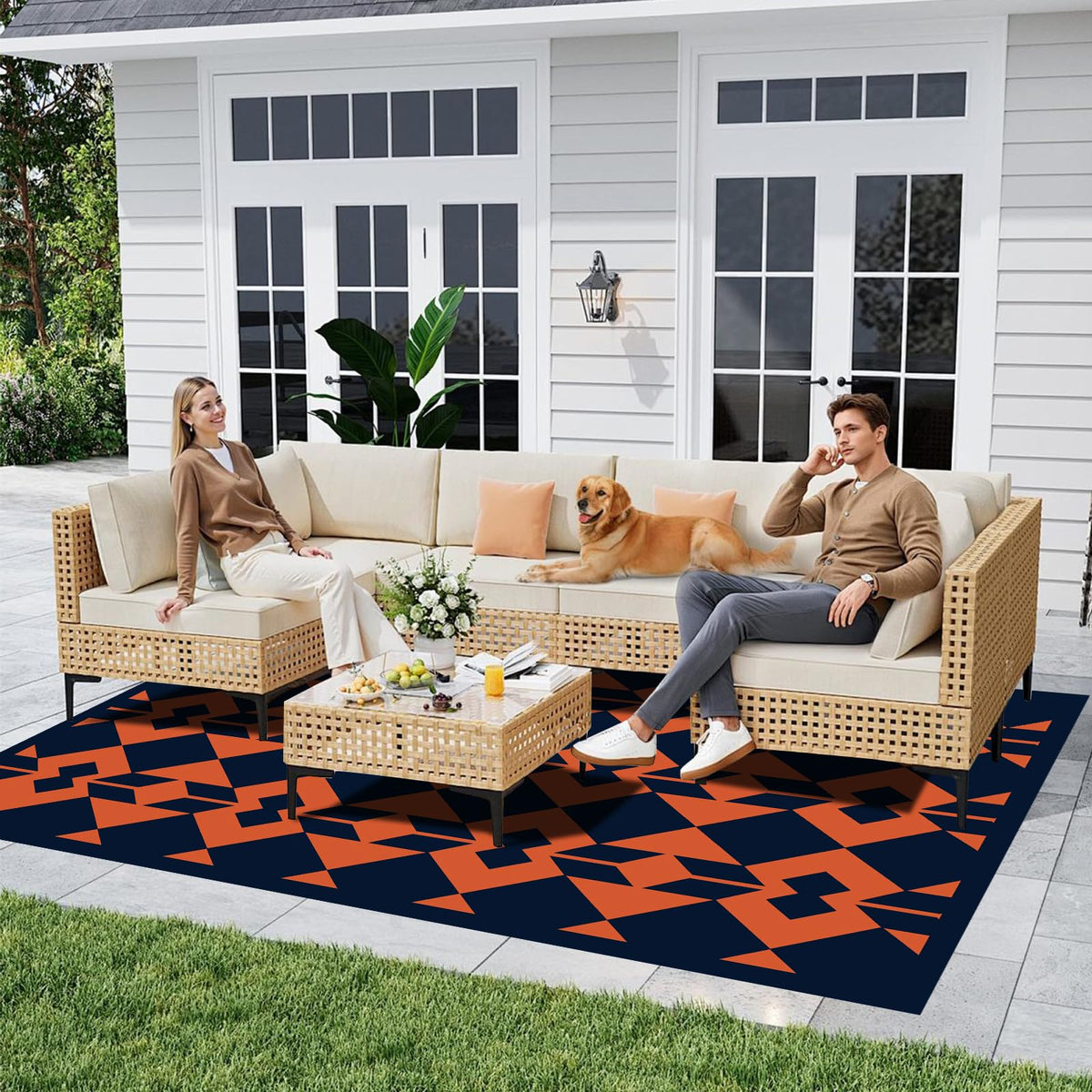 Wildroots rug with corner loops and stakes aids secure anchoring on ground.