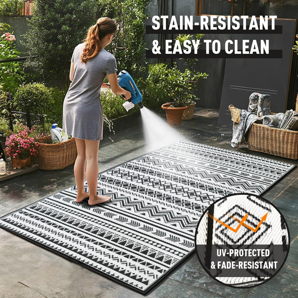 WildRoots rug with corner loops and stakes for secure anchoring.