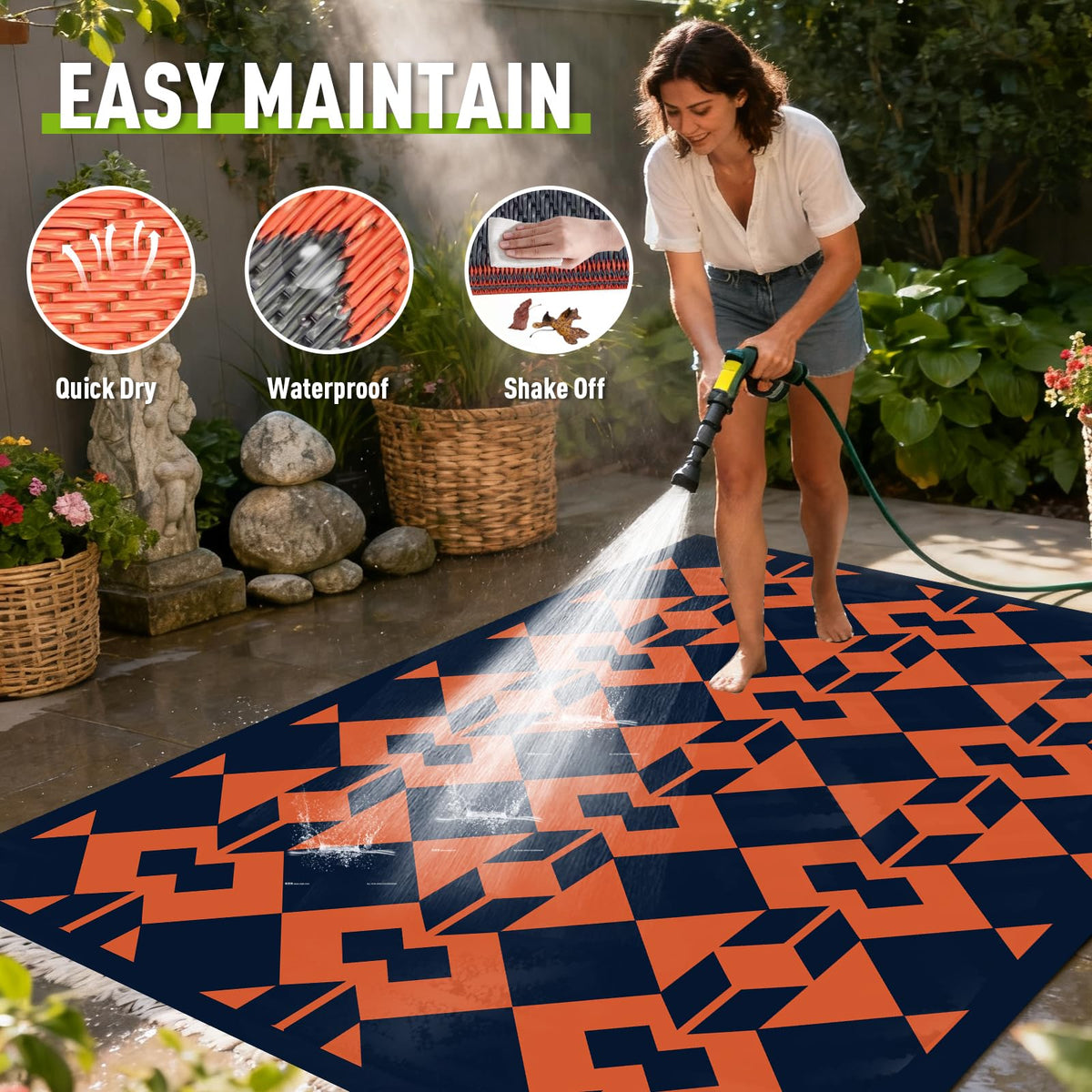 Wildroots stain-resistant waterproof patio rug with bold pattern, easy cleanup after spills.