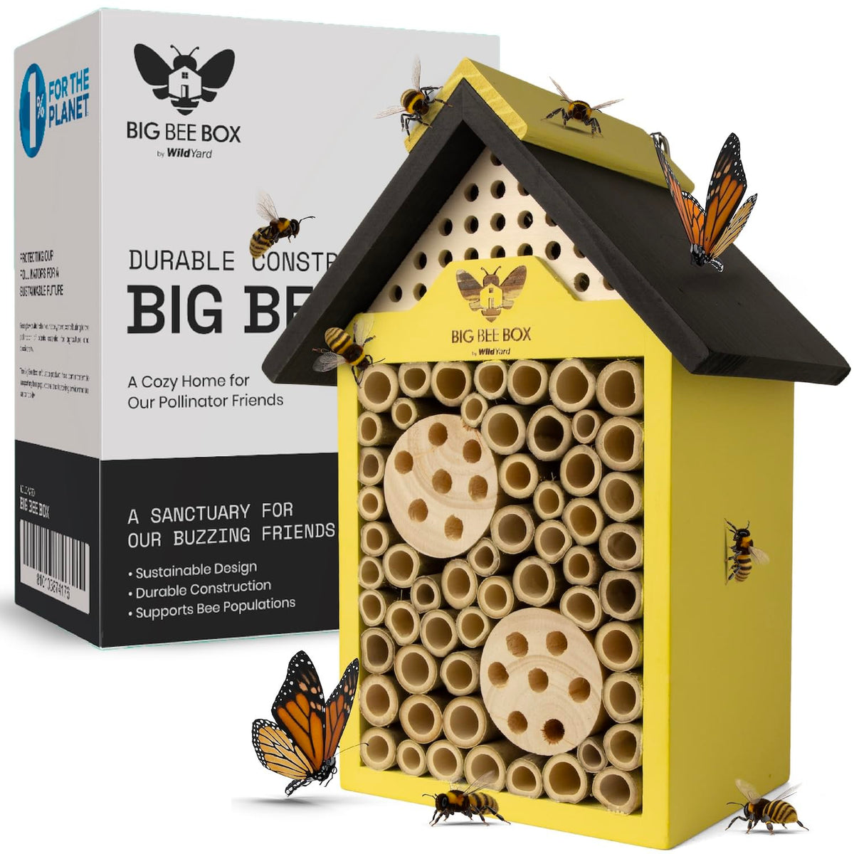 WildYard Bee House front view with bright yellow finish enhances garden pollinator habitat.