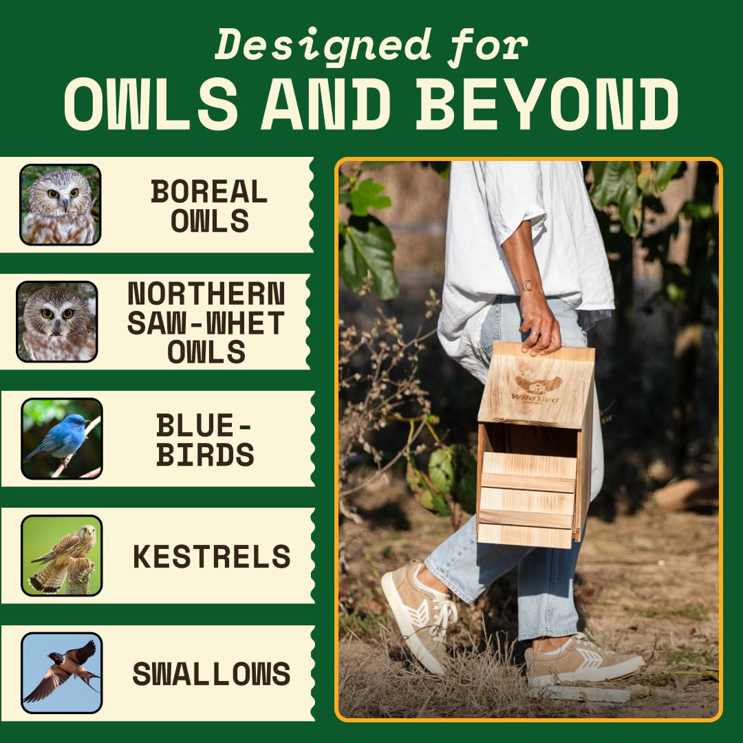 WildYard rustic owl home attracting local birds to your yard.