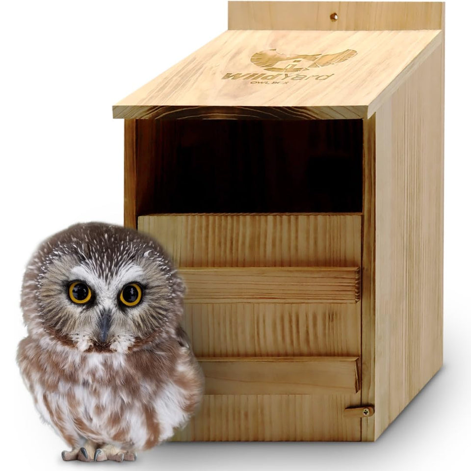 WildYard Cedar Barn Owl Nesting Box front view, preassembled and ready for easy hanging.