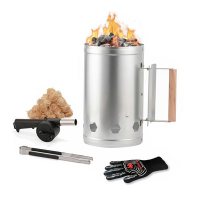 WILLBBQ bright silver front view of the chimney starter for fast ignition